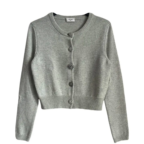 Celine Light Gray Cardigan with Embellished Buttons - Picture 1 of 9